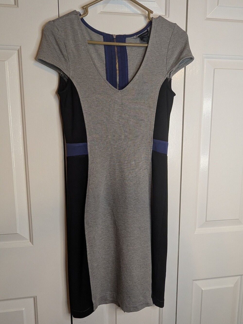 French Connection Gray and Black Dress with Blue Trim